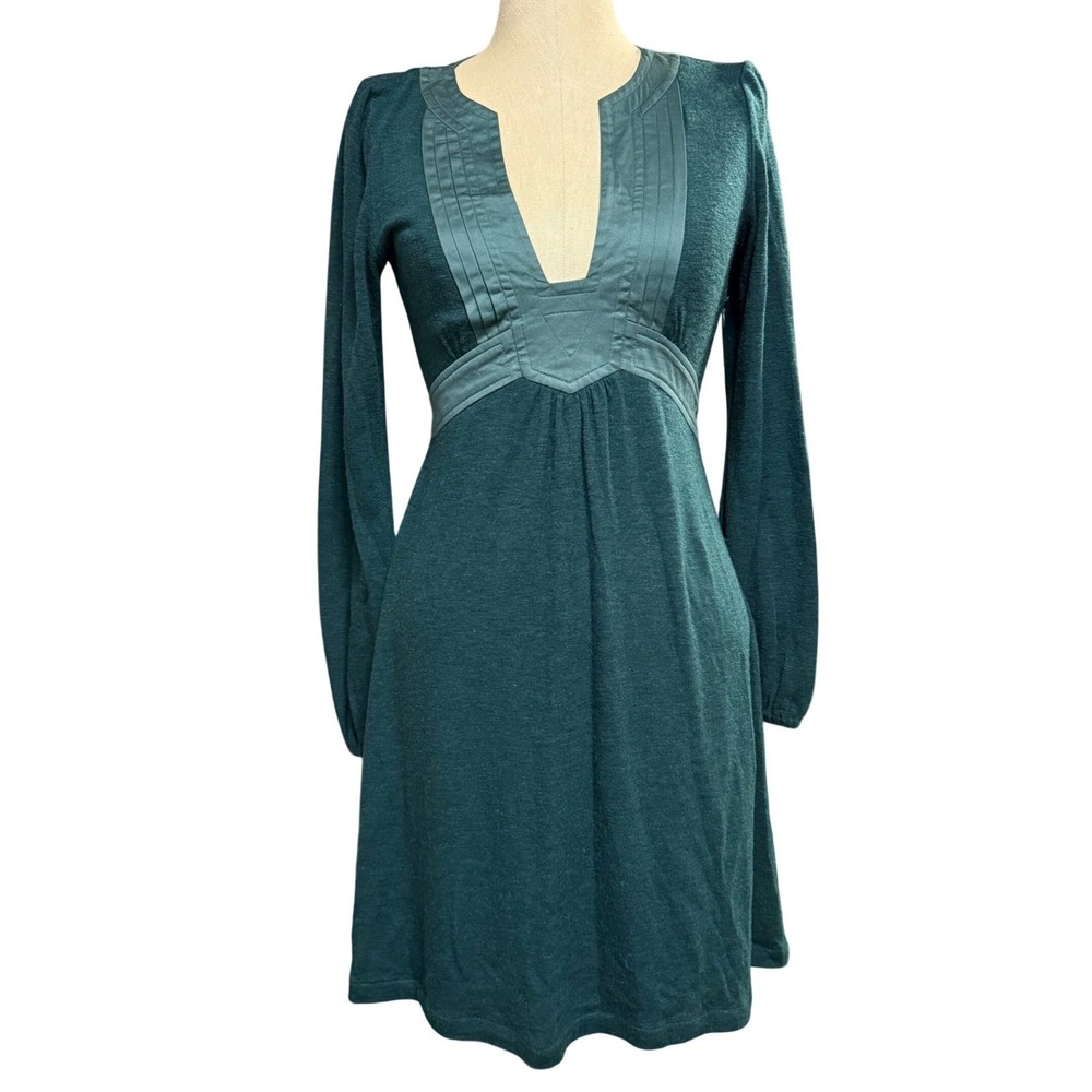 VTG Emmelee S Empire Waist Mini Dress Green Knit Satin Trim Renaissance Faire